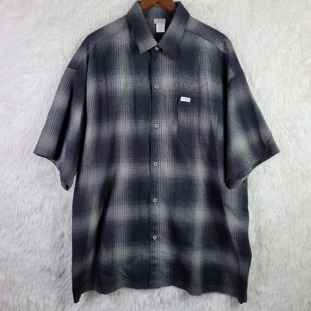 Vtg Caltop‎ Mens 3XL Black & Gray Plaid Old School OG Lowrider 90's Shirt USA